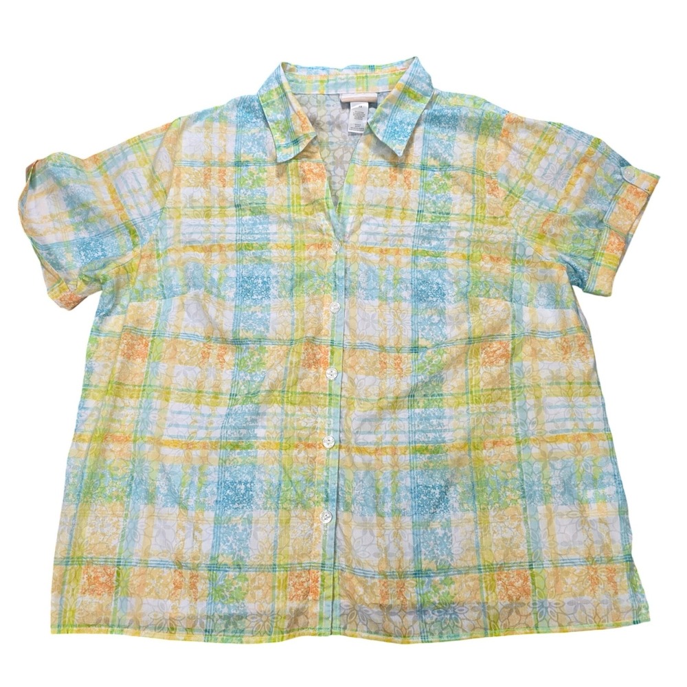 Alfred Dunner Button Down Shirt Women's 2X Blue Green Plaid Floral Short Sleeve